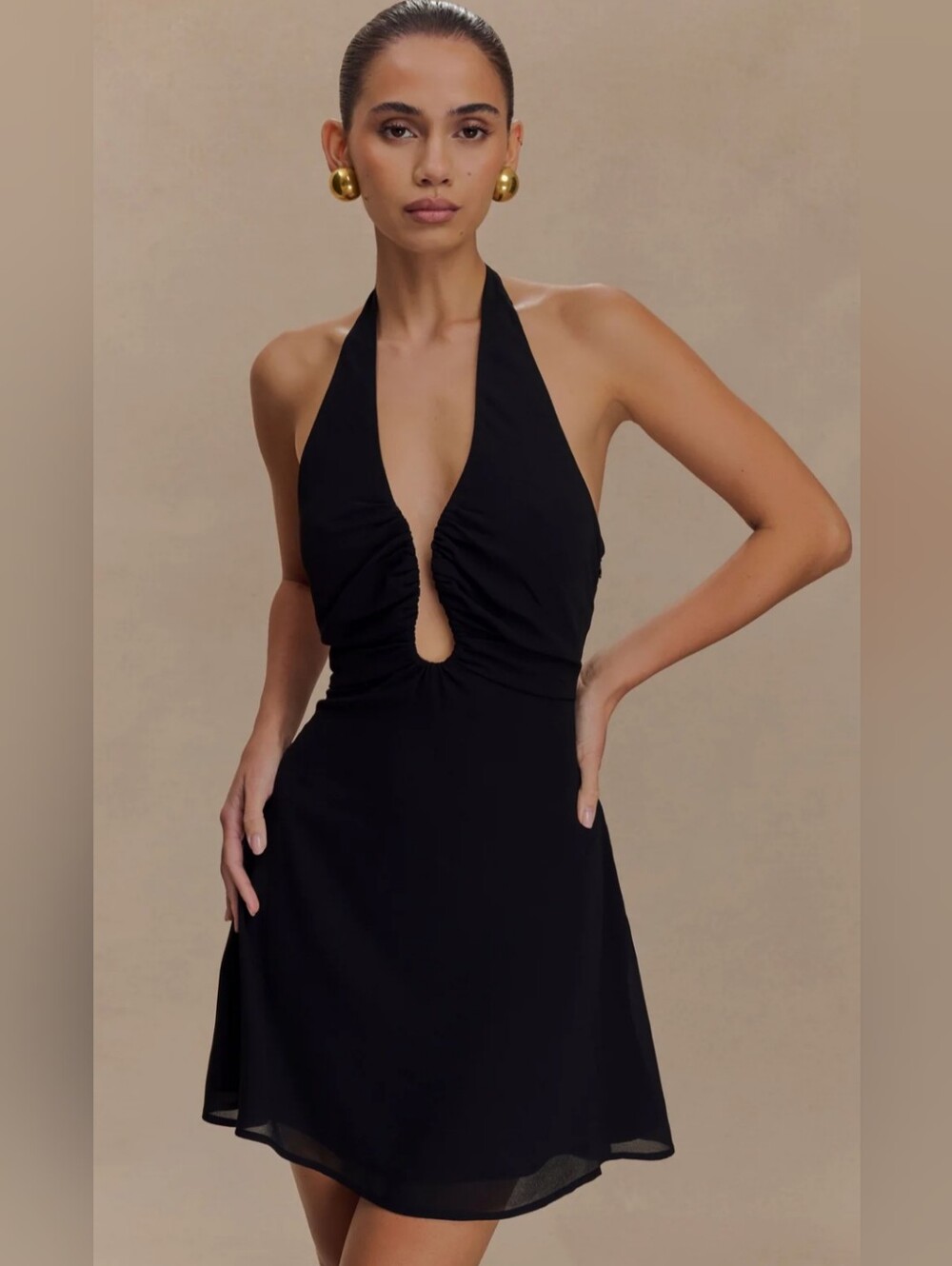 MESHKI Malakhai Chiffon Halter Mini Dress in Black Size M
